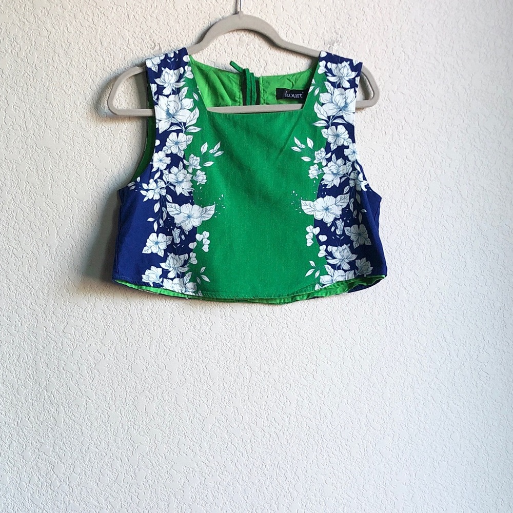 Kourt Willow Crop Tank Top Green Blue Floral Boxy Tie Back Boho